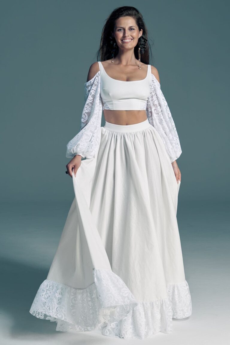Ekologiczna suknia ślubna z bufiastymi rękawami - komplet