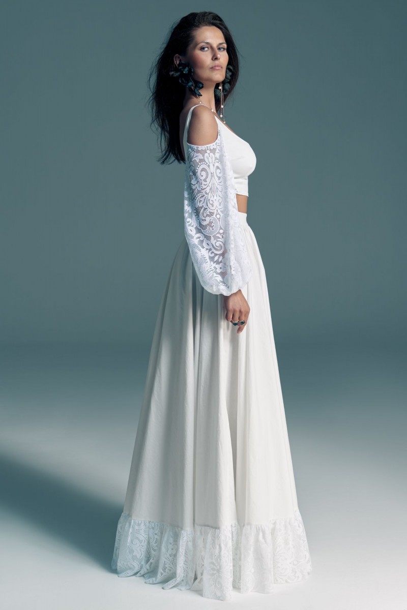 Ekologiczna suknia ślubna z bufiastymi rękawami - komplet