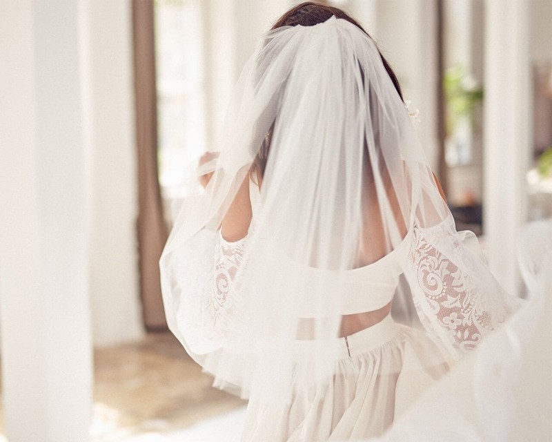 Ekologiczna suknia ślubna z bufiastymi rękawami - komplet