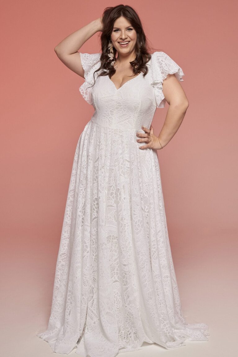 Suknia ślubna z krótkimi rękawami i rozkloszowanym dołem w kolorze białym.