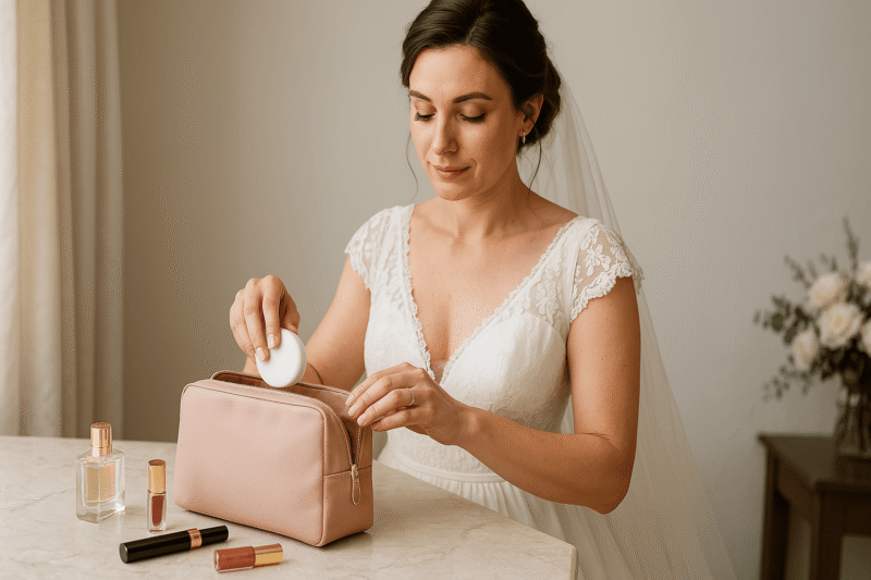 Suknia z dekoltem w serek i koronkowymi rękawami.